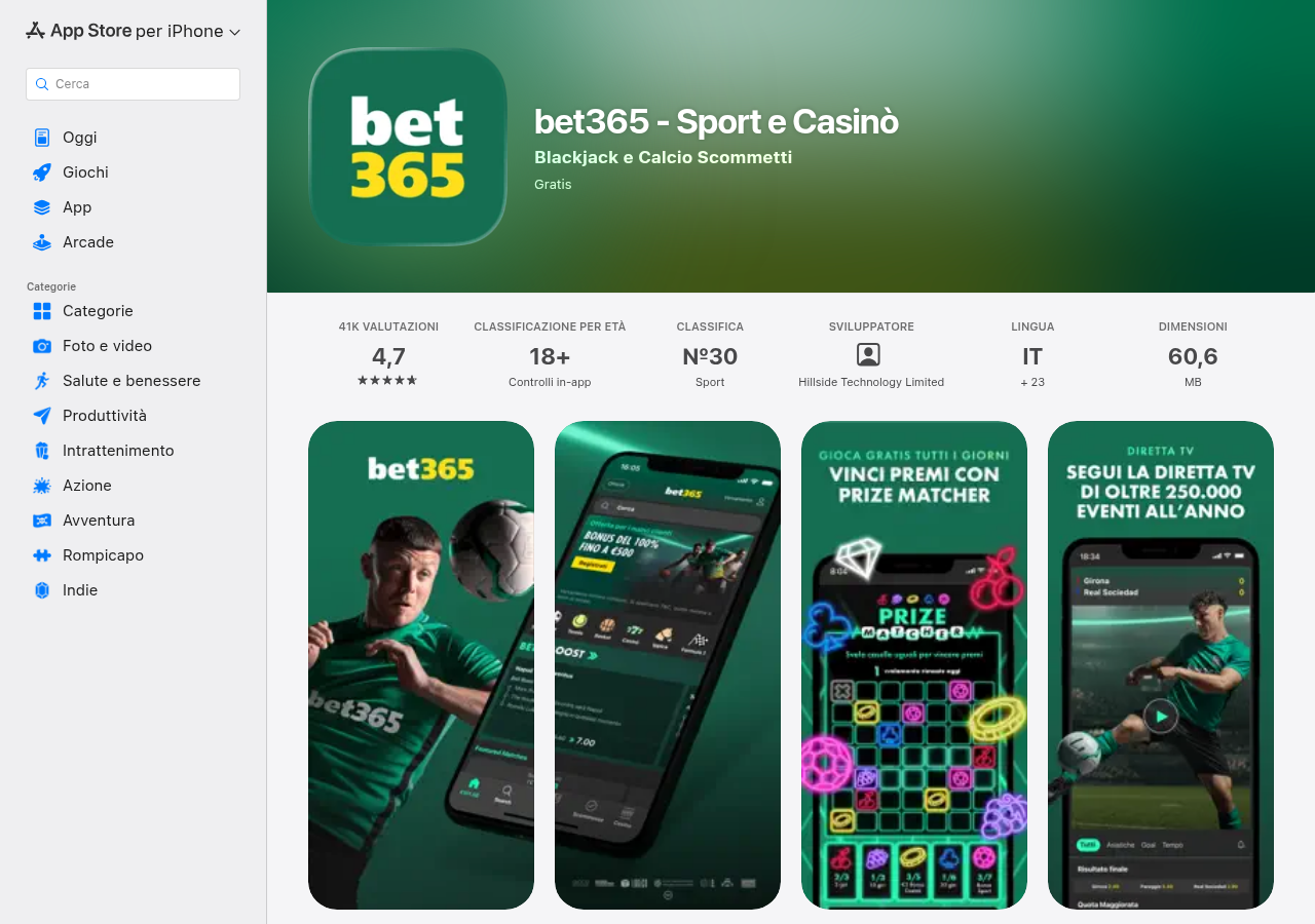 Scheda italiana dell’app bet365 su Apple App Store
