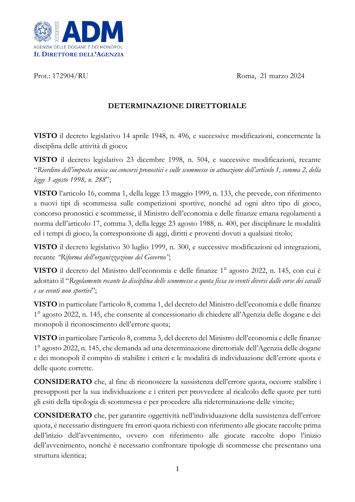 Documento ADM sul quadro del gioco a distanza